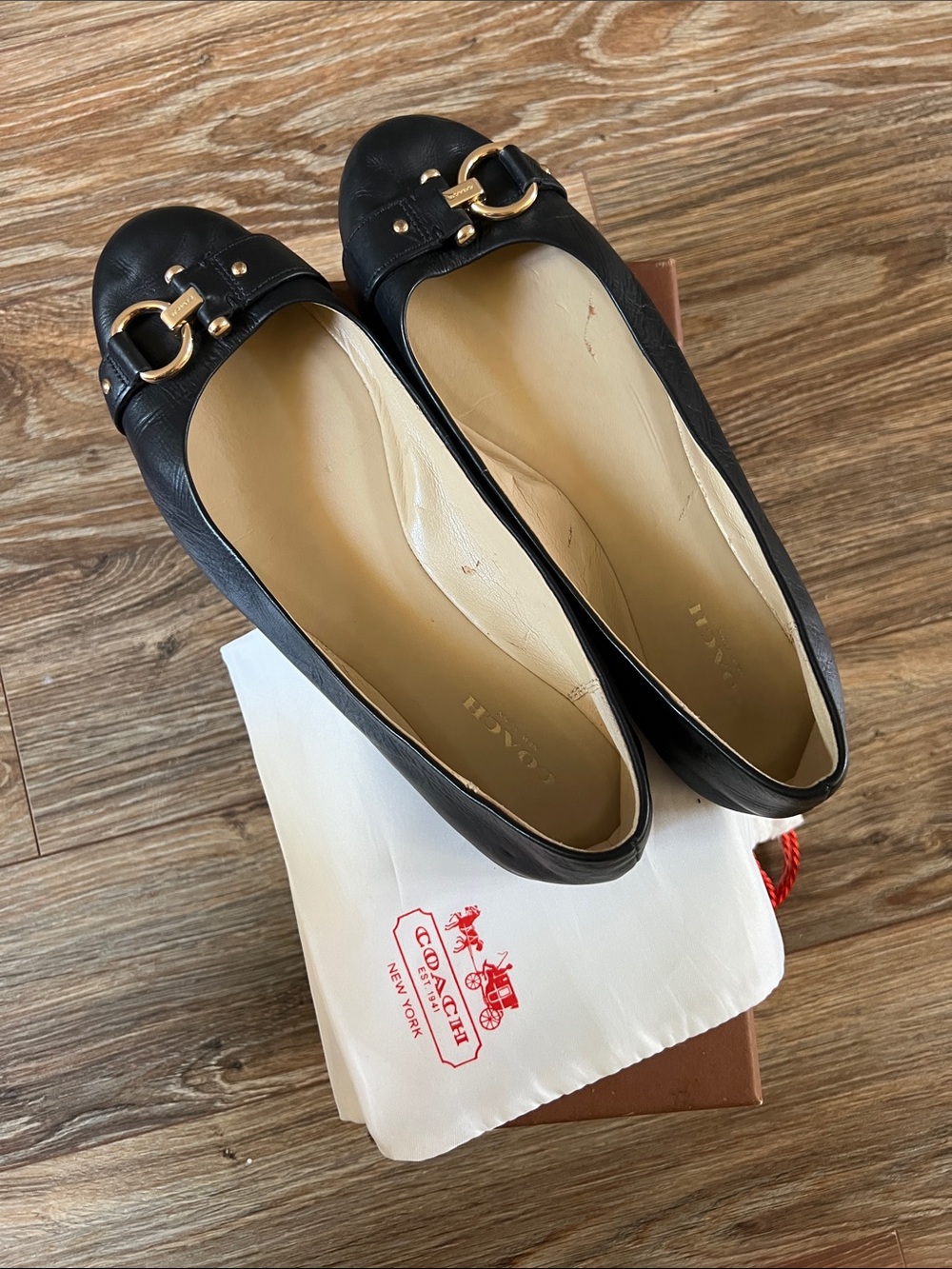 Coach Black Leather Flats with Gold Horsebit Accent